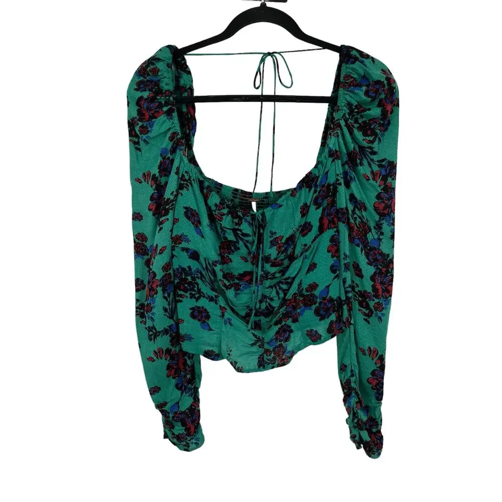Free People top Hilary Print keyhole neck blouse green Medium M